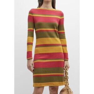FRANCES VALENTINE Phoebe Fall Striped Knit Sweater Dress Olive Multi Size XS